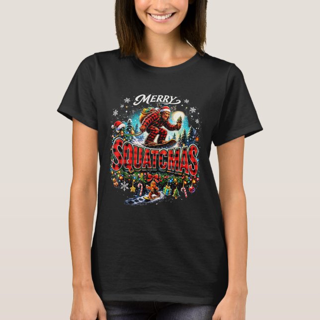 Camiseta Merry Christmas Squatchmas Funny Bigfoot Snowboard (Frente)