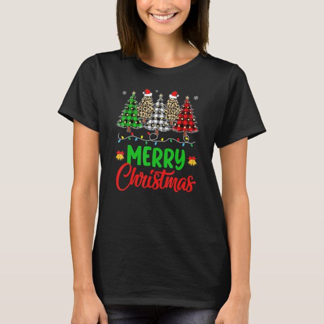 Camiseta Merry Christmas Tree Buffalo Plaid Red Leopard Wom (Frente)