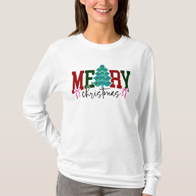 Camiseta Merry Christmas Tree Design with Bows Holiday (Frente)