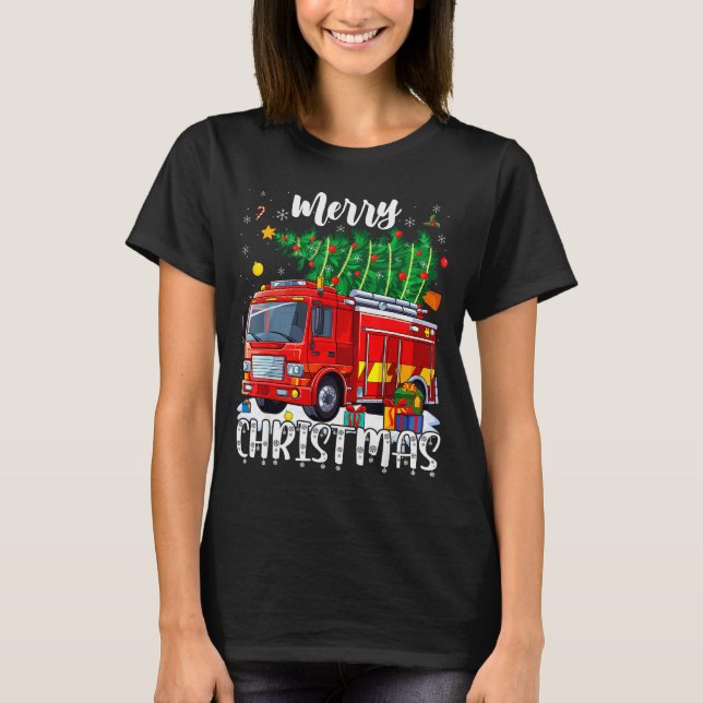 Camiseta Merry Christmas Tree Firetruck Pajama Firefighter  (Frente)