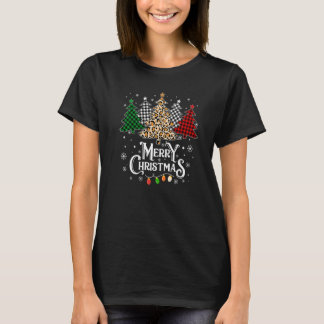 Camiseta Merry Christmas Tree Leopard Buffalo Plaid Red Whi