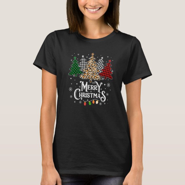 Camiseta Merry Christmas Tree Leopard Buffalo Plaid Red Whi (Frente)