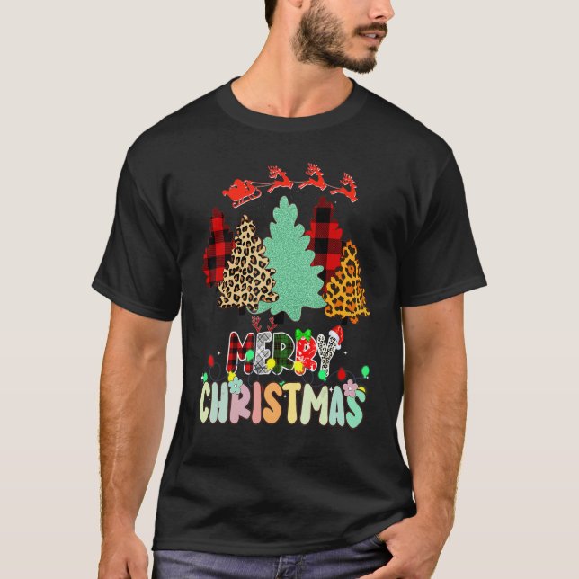Camiseta Merry Christmas Tree Leopard Buffalo Red Plaid For (Frente)