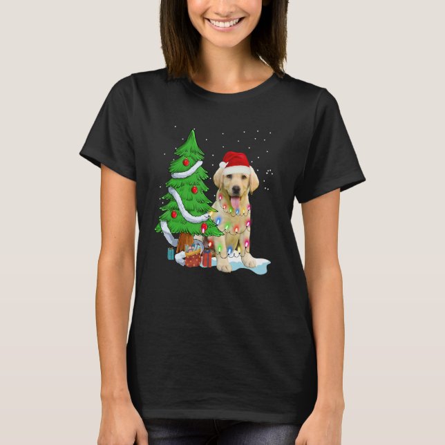 Camiseta Merry Christmas Tree Light Santa Hat Dog Labrador  (Frente)