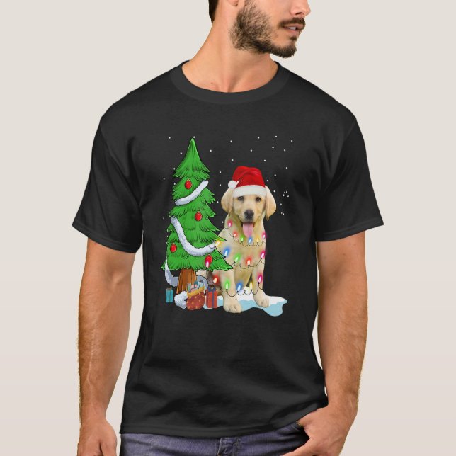 Camiseta Merry Christmas Tree Light Santa Hat Dog Labrador  (Frente)