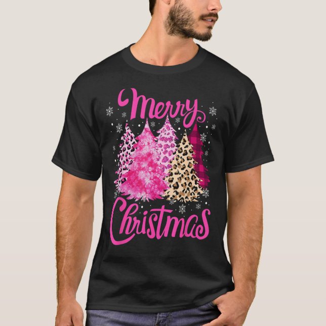 Camiseta Merry Christmas Tree Pink  Xmas Leopard Matching F (Frente)