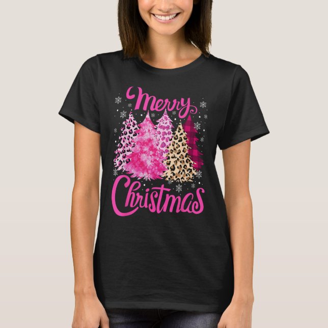 Camiseta Merry Christmas Tree Pink  Xmas Leopard Matching F (Frente)