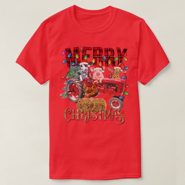 Camiseta Merry Christmas Tree Red Tractor Lighting Farmer C (Frente do Design)