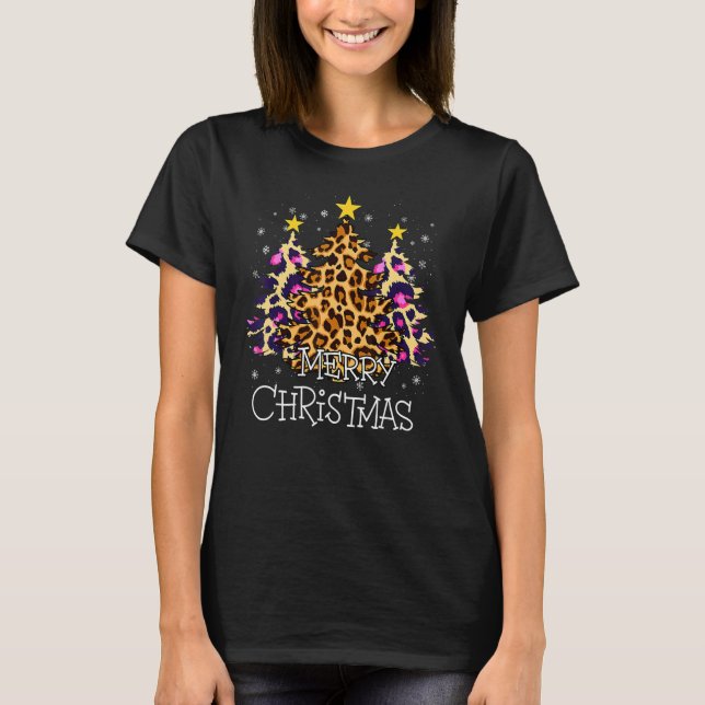Camiseta Merry Christmas Trees with Leopard Pink (Frente)