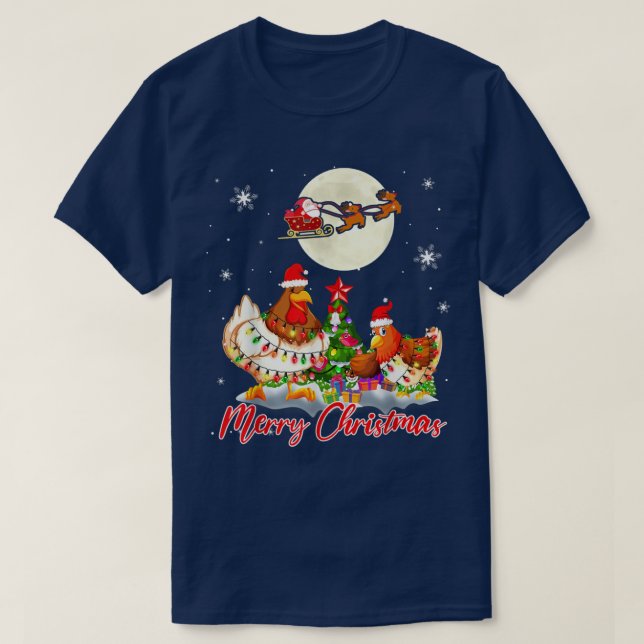 Camiseta Merry Christmas Two Santa Chickens Xmas Tree Light (Frente do Design)