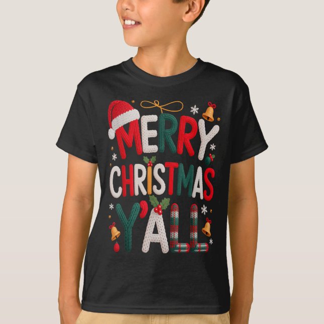 Camiseta Merry Christmas Y'all Santa Hat Crochet Knitting Q (Frente)