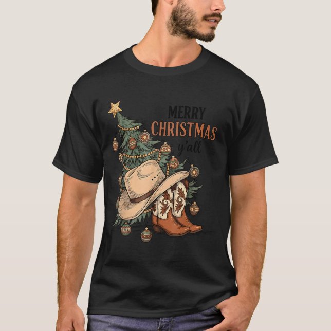 Camiseta Merry Christmas Y'all Western Cowboy Boots Hat Xma (Frente)