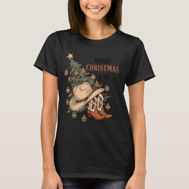 Camiseta Merry Christmas Y'all Western Cowboy Boots Hat Xma (Frente)