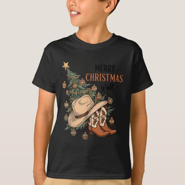Camiseta Merry Christmas Y'all Western Cowboy Boots Hat Xma (Frente)