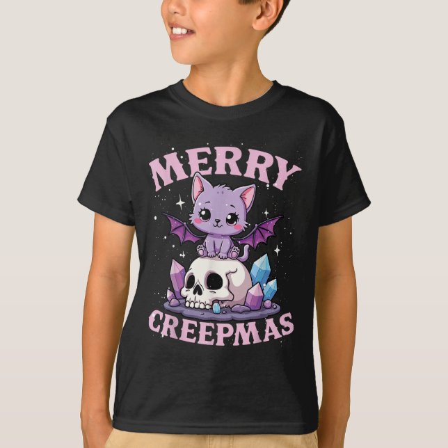 Camiseta Merry Creepmas Cat Pastel Goth Christmas Skull For (Frente)