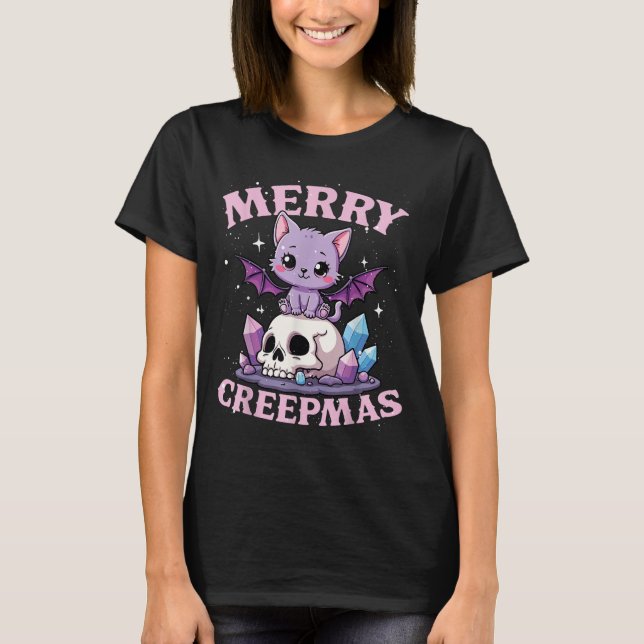 Camiseta Merry Creepmas Cat Pastel Goth Christmas Skull For (Frente)