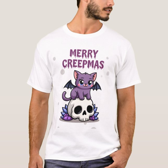 Camiseta Merry Creepmas Cat Pastel Goth Christmas Skull T-S (Frente)