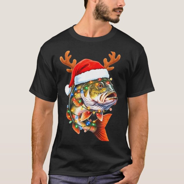 Camiseta Merry Fishmas Funny B Fishing Christmas Santa Hat  (Frente)
