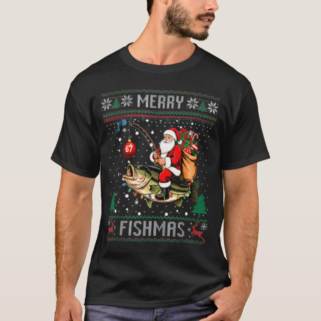 Camiseta Merry Fishmas Santa Riding B Fish Christmas Ugly S (Frente)