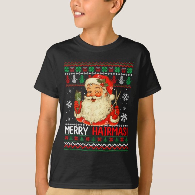 Camiseta Merry Hairmas Christmas Sweater Santa Hairstylist  (Frente)