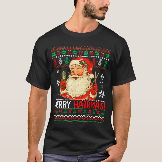 Camiseta Merry Hairmas Christmas Sweater Santa Hairstylist  (Frente)