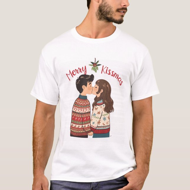 Camiseta Merry Kissmas – Cute Kissing Couple Christmas Shir (Frente)
