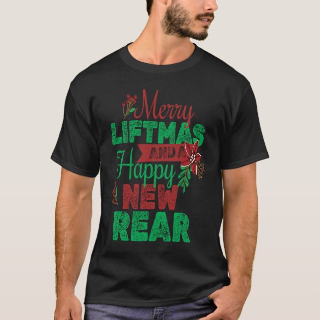 Camiseta Merry Liftmas And A Happy New Rear Christmas Gym W (Frente)