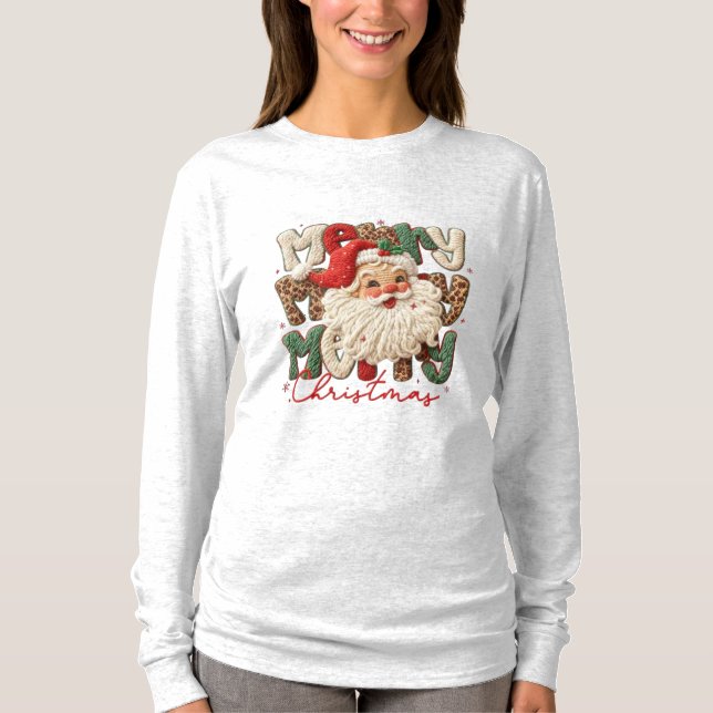 Camiseta Merry Merry Merry Christmas– Faux Embroidery Santa (Frente)