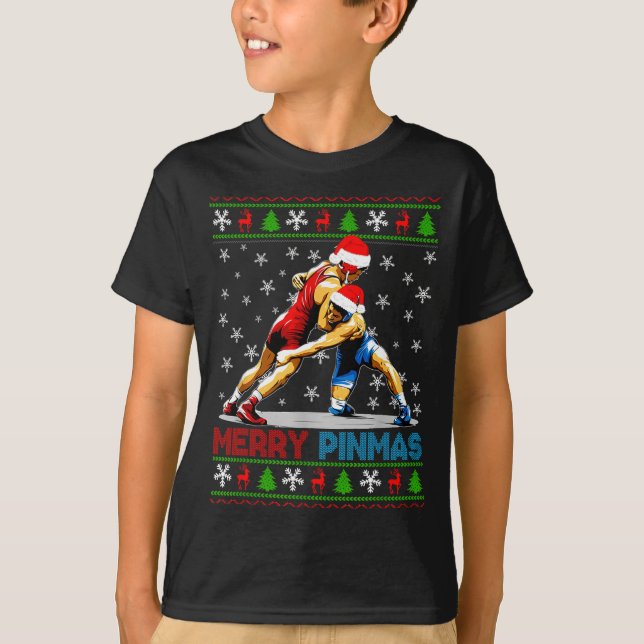 Camiseta Merry Nmas Ugly Christmas Santa Claus Wrestling Bo (Frente)