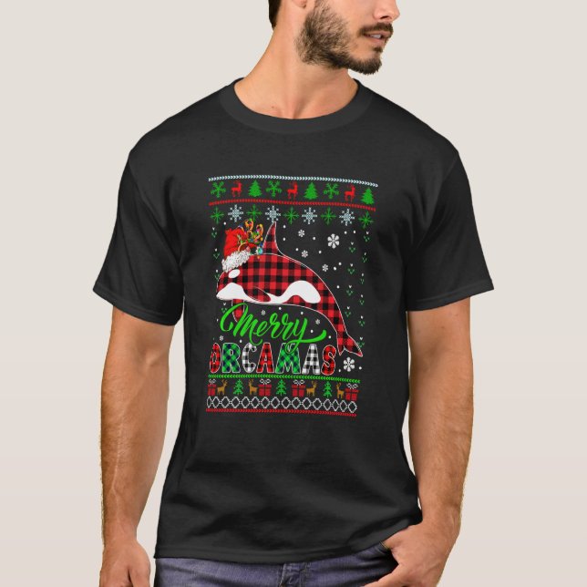 Camiseta Merry Orcamas Xmas Sweater Red Plaid Santa Reindee (Frente)