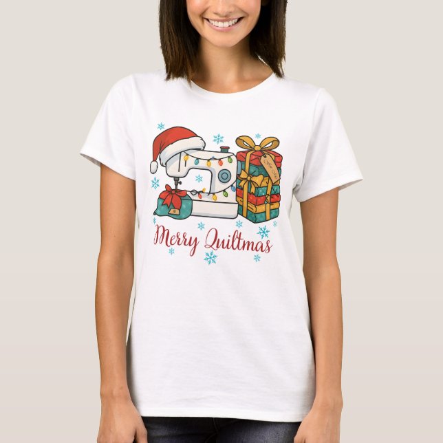 Camiseta Merry Quiltmas Sewing Machine 6 (Frente)