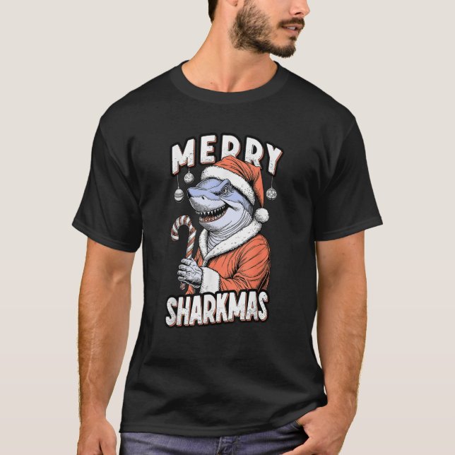 Camiseta Merry Sharkmas Funny Shark Santa Claus Candy Cane  (Frente)