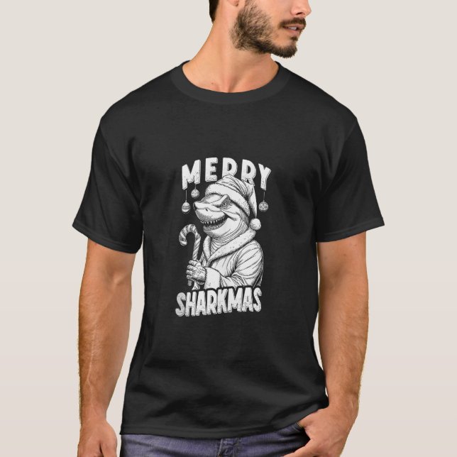 Camiseta Merry Sharkmas Funny Shark Santa Claus Candy Cane  (Frente)