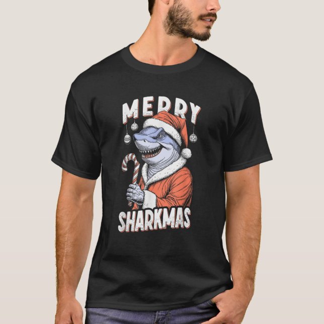 Camiseta Merry Sharkmas Funny Shark Santa Claus Candy Cane  (Frente)