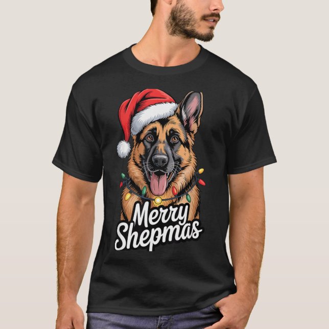 Camiseta Merry Shepmas German Shepherd Christmas Lights Hum (Frente)