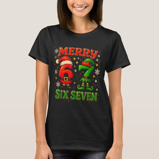 Camiseta Merry Six Seven Funny Meme 67 Christmas Couple Des (Frente)