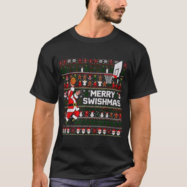 Camiseta Merry Swishmas Santa Basketball Ugly Sweater Style (Frente)