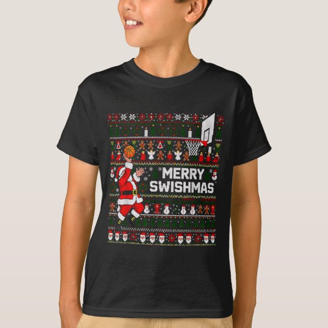 Camiseta Merry Swishmas Santa Basketball Ugly Sweater Style (Frente)