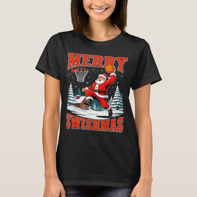 Camiseta Merry Swishmas Santa Playing Basketball Christmas  (Frente)