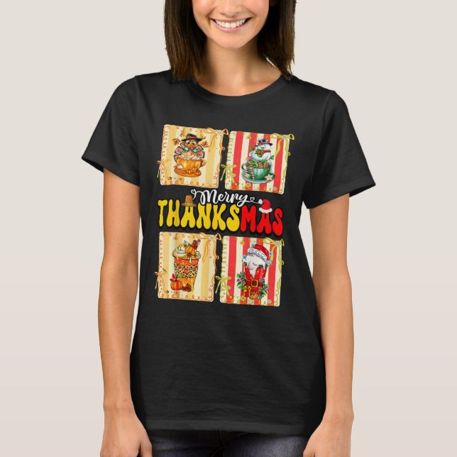 Camiseta Merry Thanksmas Pumpkin Sce Latte Coffee Thanksgiv (Frente)