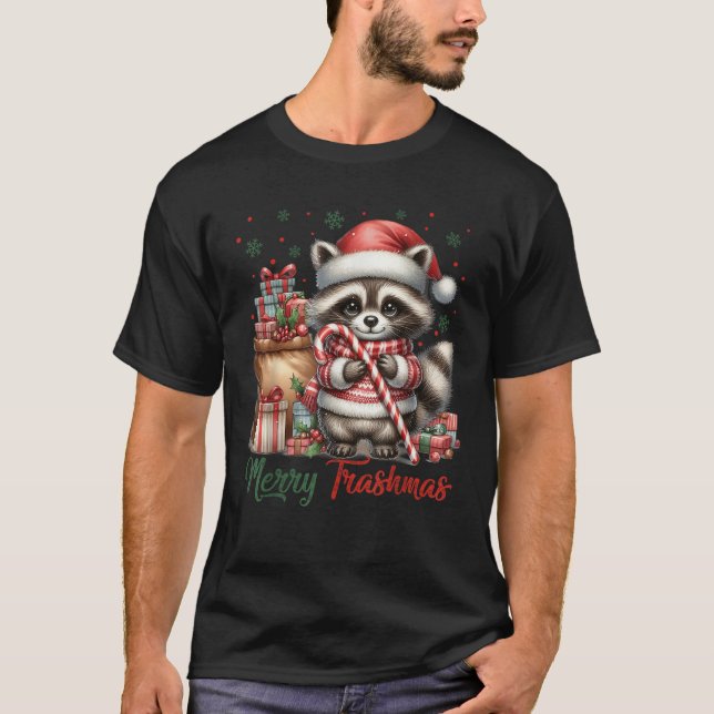 Camiseta Merry Trashmas Cute Santa Raccoon Lover Candy Cane (Frente)