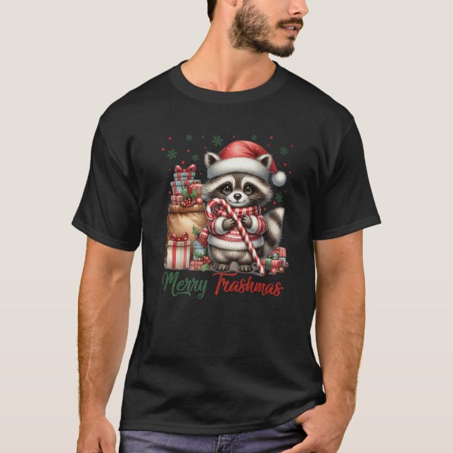 Camiseta Merry Trashmas Cute Santa Raccoon Lover Candy Cane (Frente)