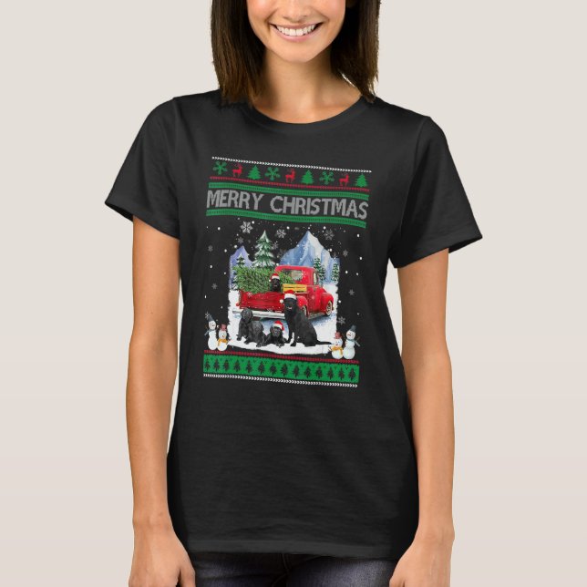 Camiseta Merry Ugly Christmas Black Lab Hat Santa Red Truck (Frente)