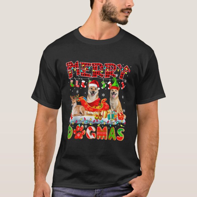 Camiseta Merry Xmas Dog Três Papais noeis Reindeer Elf Shib (Frente)