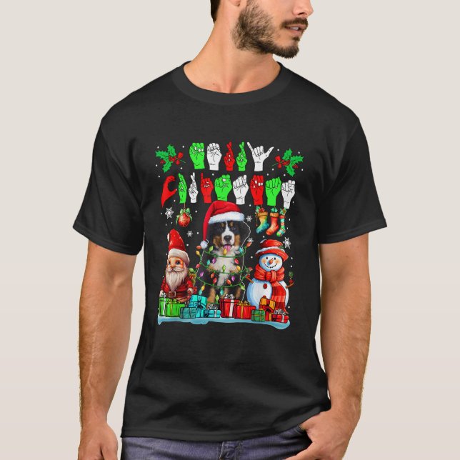Camiseta Merry Xmas Hands Sign Language Santa Bernese Mount (Frente)
