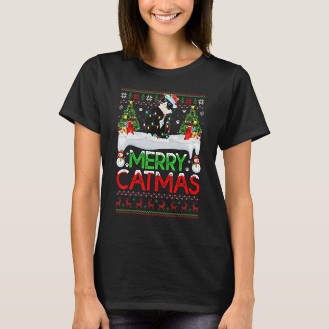 Camiseta Merry Xmas Tree Lights Santa Ugly Black Cat Christ (Frente)