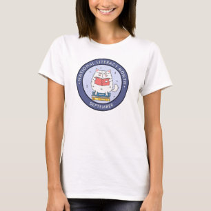 Camiseta Mês de Literacia Nacional, gato lendo