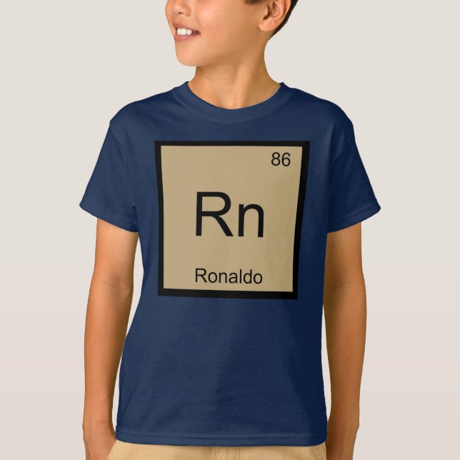Camiseta Mesa Periódica do Elemento Químico do Nome Ronaldo (Frente)