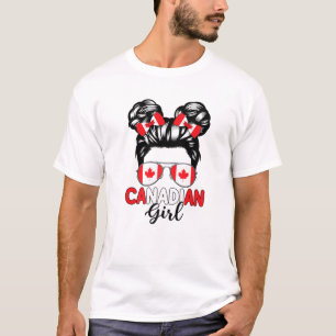 Camiseta Messy Bun Canadian Girl Maple Leaf Canada Flag Sun