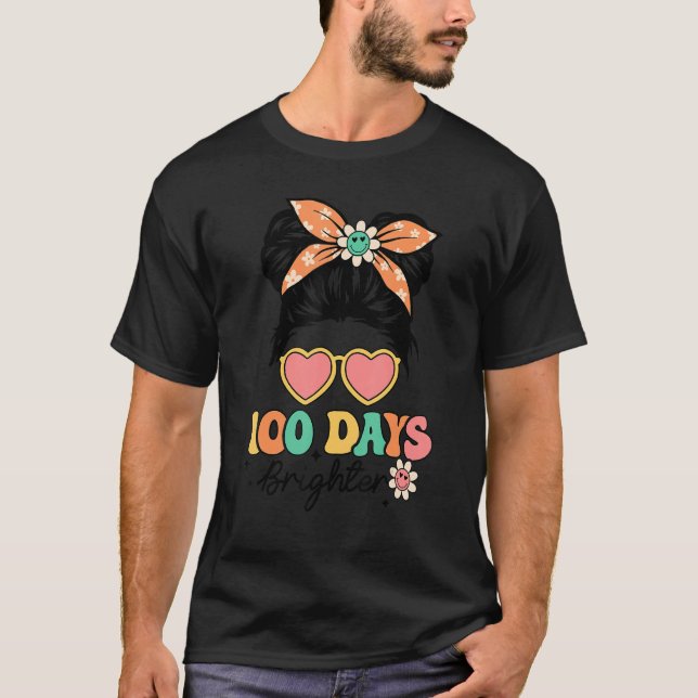 Camiseta Messy Bun Girl Happy 100 Dias De Escola 100 Dias B (Frente)